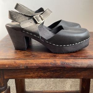 Lotta’s Wood Clogs, Black Leather and Black Base, size 38, 3 inch heal